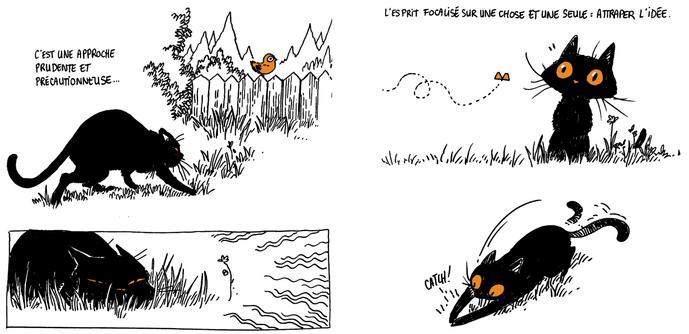 Texte off: "c'est une approche prudente et précautionneuse..."

On voit l'auteur symbolisé par un chat, en train d'approcher un oiseau dodu posé sur une barrière. Il a le dos voûté, semblant approcher très discrètement.
Puis on le voit se grouper, prêt à bondir.

Texte off: "L'esprit est focalisé sur une chose et une seule: attraper l'idée"

Un petit papillon passe devant le chat qui se redresse soudain et se jette pour l'attraper