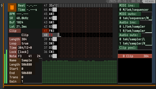 screenshot of tui daw in orange double-lined tmux wrapper, with input meter, sample preview. empty sequencer indicating which key the sample is for, with off-by-one error as usual, and lots and lots of data fields about the environment, current clip, and current sample.