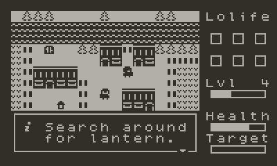 A screenshot of the game Lolife on Playdate showing the player getting an optional hint in a village area. The hint reads "Search around for lantern".