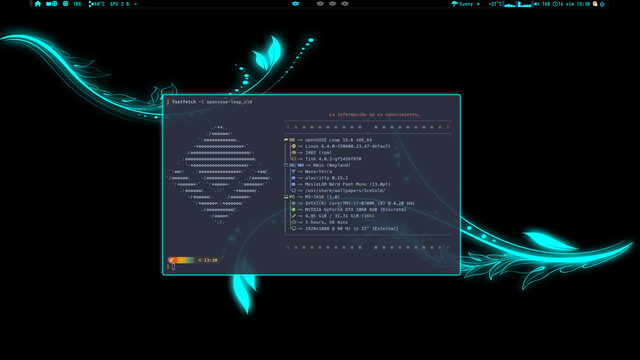 Una captura de pantalla de un escritorio oscuro de Linux con un tema azul claro.  En el centro, una ventana muestra información del sistema. A los lados, un diseño ornamental con líneas y hojas de color azul claro. La información del sistema se presenta en un formato de código limpio y organizado.  En la parte superior, una barra de estado muestra la hora, la temperatura, el porcentaje de la GPU y otras métricas del sistema.