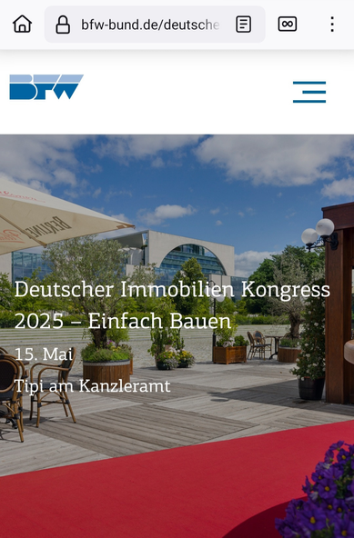 Startseite des Bundesverband freier Immobilien- und Wohnungsunternehmen. Werbung für kongress heute "einfach bauen".