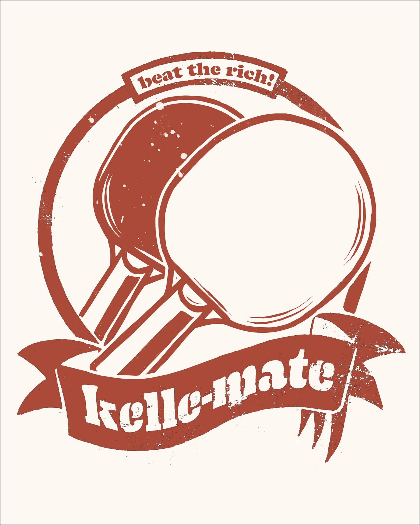 Ein verändertes kolle-mate-Logo: Statt des Stacheltiers sind in der Mitte des Logos zwei Tischtennis-Schläger angeordnet. Im Banner steht kelle-mate statt kolle-mate. Im oberen Textfeld steht beat the rich statt alerta, alerta. Ein verändertes kolle-mate-Logo: Statt des Stacheltiers sind in der Mitte des Logos zwei Tischtennis-Schläger angeordnet. Im Banner steht kelle-mate statt kolle-mate. Im oberen Textfeld steht beat the rich statt alerta, alerta.