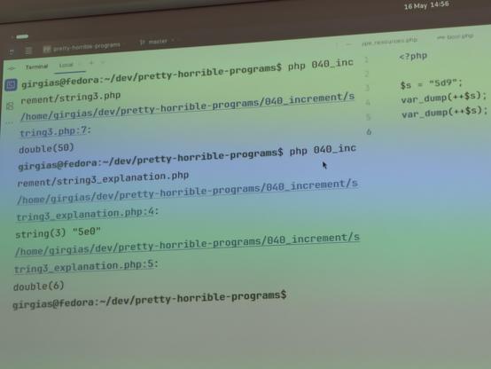 Slide showing PHP `$a = "5d9"; $a++; $a++;` causing `$a` to become a string, then a floating point value