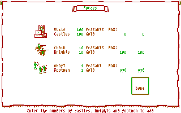 Building up forces. Now that we have saved some gold, we can afford to recruit 100 knights and nearly 1000 footmen.