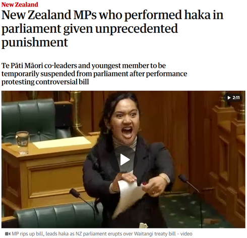 New Zealand MPs who performed haka in parliament given unprecedented punishment
Te Pāti Māori co-leaders and youngest member to be temporarily suspended from parliament after performance protesting controversial bill
MP rips up bill, leads haka as NZ parliament erupts over Waitangi treaty bill – video