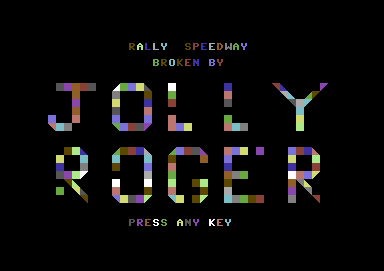 Screenshot of "Rally Speedway" - Crack: Jolly Roger - Published by Commodore-Adventure International on Commodore 64 (1985)