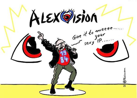 Ein Sänger beim Eurovision Song Contest: Hier Alexander Dobrindt. Statt "Eurovision" steht über allem "Alexvision". Im Logo und im Hintergrund rote, aggressive Glotzaugen. Dobrindt singt in sehr selbstbewusster Pose "Give it to meeee .... your sexy IP .....". Er trägt eine schwarze Lederjacke mit Straßsteinen, eine olivgrüne Hose, schwarze Stiefel und auf seinem roten Shirt steht "1984".