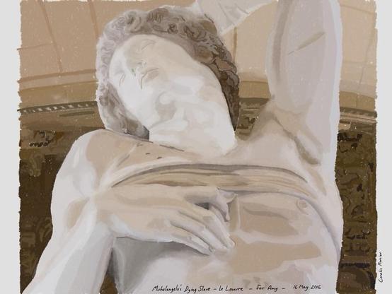 A stylized illustration of Michelangelo's sculpture "Dying Slave," depicting a figure with a pained expression, reclining with arms above the head. The background shows the setting it is in at Le Louvre.