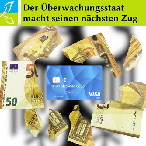 Schlagzeile: "Der Überwachungsstaat macht seinen nächsten Zug", darunter eine Bezahlkarte für Geflüchtete, wie sie in Hessen ausgegeben wird zwischen den Fetzen zerrissener Geldscheine. Im Hintergrund scheint verschwommen ein Wappenadler durch.