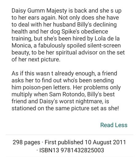 Synopsis to Genteel Spirits by Alice Duncan: Daisy Gumm Majesty is back and she s up to her ears again. Not only does she have to deal with her husband Billy's declining health and her dog Spike's obedience training, but she's been hired by Lola de la Monica, a fabulously spoiled silent-screen beauty, to be her spiritual advisor on the set of her next picture.

As if this wasn t already enough, a friend asks her to find out who's been sending him poison-pen letters. Her problems only multiply when Sam Rotondo, Billy's best friend and Daisy's worst nightmare, is stationed on the same picture set as she!
