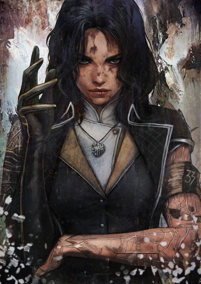 The image depicts a character with long, dark hair and a serious expression. She is wearing a dark jacket with intricate gold patterns on the sleeves and a white shirt underneath. A silver necklace with a heart-shaped pendant is visible around her neck. Her right arm is adorned with a mechanical or robotic sleeve, featuring a number "33" on the upper arm, and has a metallic, geometric design. Her left hand is raised, with fingers slightly curled, and she appears to be wearing a dark glove. The background is abstract and textured, with a mix of earthy tones and splashes of white, suggesting a gritty or battle-worn environment.