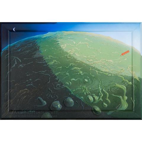 My acrylic painting titled “You are Here” presents a monochromatic green semi organic yet indiscernible landscape viewed from a great height as the curve of the planet (earth?) is visible, while a small orange label states "You are Here."
