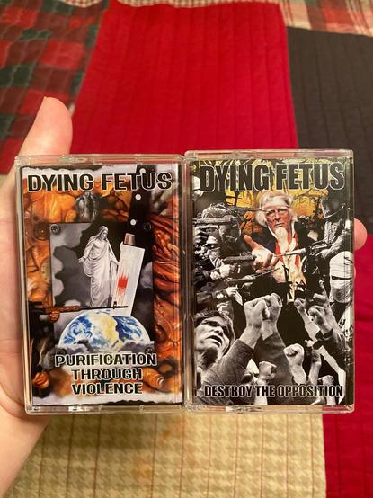 Two cassettes: a copy of Dying Fetus' first album "Purification Through Violence" and their third album "Destroy the Opposition" which I picked up from Brutal Mind, a cool specialty seller in Indonesia, chock-full of the best extreme music out there :)
