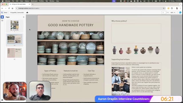 Screenshot of InCopy in Web in the Chrome browser during a presentation. A computer screen displays a digital document about choosing handmade pottery. The document includes images of pottery on shelves, a section titled "Why choose pottery?" with vases pictured below, and a section on supporting local artisans with a text block and a photo of two people wearing aprons. In the bottom left corner, there are two video call participants.