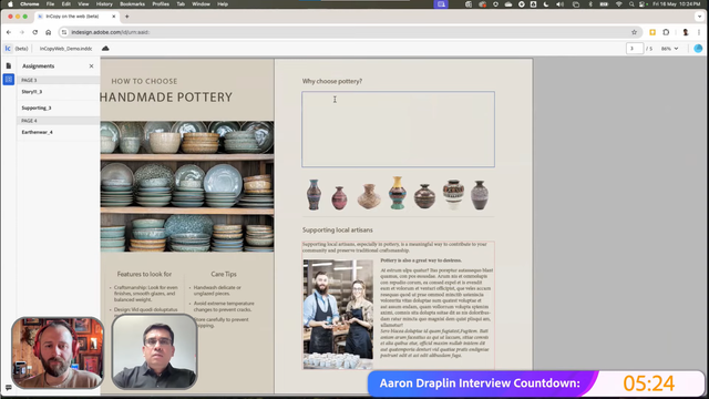 Screenshot of InCopy in Web in the Chrome browser during a presentation. A computer screen displays a digital document about choosing handmade pottery. The document includes images of pottery on shelves, a section titled "Why choose pottery?" with vases pictured below, and a section on supporting local artisans with a text block and a photo of two people wearing aprons. In the bottom left corner, there are two video call participants.