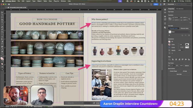 Screenshot of InDesign in Web during a presentation. A computer screen displaying a design program interface with a layout titled "How to Choose Good Handmade Pottery." The layout includes images of pottery on shelves, text sections about types of pottery, features to look for, care tips, and supporting local artisans. Two smaller video call windows at the bottom left show two men. Two red arrows pointing to the person icon.