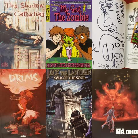 6 indie-horror graphic-novel pics. 

Top left: "The Shadow Collection, Volume One" written by Mark Atkinson, Lisa Morton, & Scott Young; illustrated by C.J. Franks, Jessica Byrne, & Lho Brockhoff. Cover: horrified child tries to open an old door.

Top center: "My Gal, The Zombie–Everyone Loves a Green-Skinned Girl" by Dan Conner. Chelsea Goes Zombie! Antarctic Press, Retro Monster Comedy, Approved by the Conner Code Authority. "Everyone should check out Dan Conner's fun comic~Undead teen antics. What's not to love?"–Batton Lash of Supernatural Law & Archie Meets The Punisher. Cover: a boy, zombie girl, & werewolf drink milkshake with straws–homage to classic Archie. 

Top right: inside "My Gal, the Zombie"–signed illustration by Dan Conner.

Bottom left: "Drums" by El Torres, Kráneo, Abel García, & Raul Allen, published by Amigo. Cover: kneeling woman with skulls/detritus, conducts voodoo with knife, bowl of blood, beaded necklace indicates vigorous motion. Mystic fire from mouth forms cloud above her head.

Bottom center: "Jack the Lantern–War of the Soul" by Angelos, Kidwell, & Bledsoe. Cover: shadow of pumpkin-head figure falls across tombstone at night in rain. Carving of weeping cherub tops stone, wreath on front, base says FOREVER.

Bottom right: "Tales of Mr. Rhee" by Pescosta, 2015. Cover: slim blonde man in trenchcoat from behind. He's startled, facing demon in a pentagram.