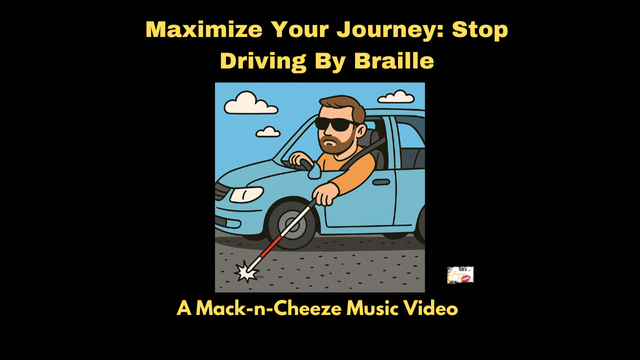 YouTube thumbnail with cartoon of a man driving by braille using a white cane, titled “Maximize Your Journey: Stop Driving By Braille.