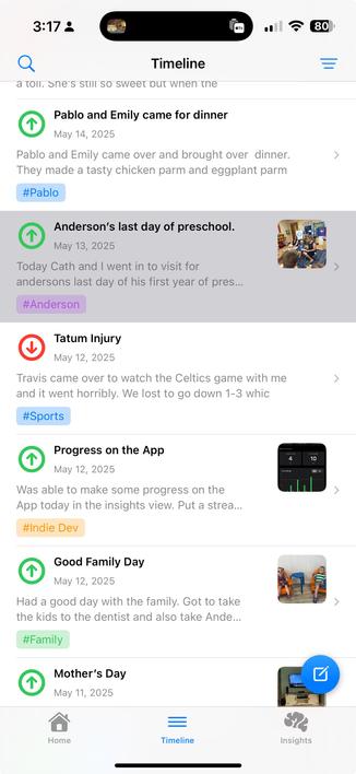 View of my timeline inside my journaling app. One of the rows is being selected and you can now see it goes from edge to edge. 