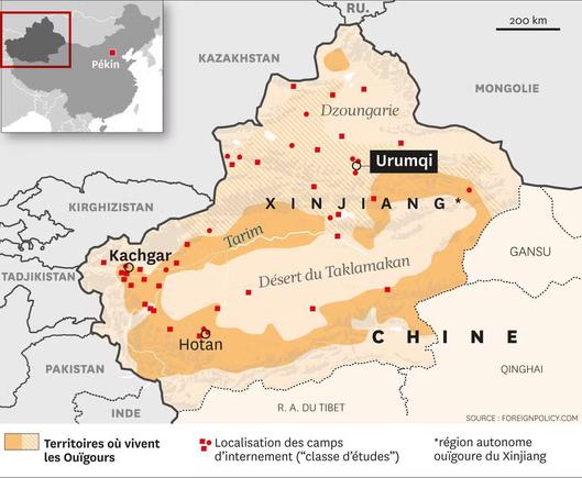 La carte des camps d’internement dans le Xinjiang. Courrier international