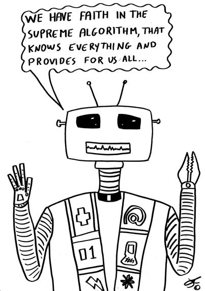 ChatGPT ha detto:

This black-and-white cartoon shows a robot with a boxy head, two antennae, and rectangular eyes. It has one claw-like hand raised and the other hand showing three fingers in a gesture reminiscent of a blessing or greeting. The robot has a smiling mouth with jagged teeth and a segmented neck, like a mechanical hose.

It wears a robe or vestment similar to a religious stole, decorated with digital-era symbols such as an "@" symbol, a computer mouse, a lightning bolt, a medical cross, the number "01", and other abstract icons.

A speech bubble above the robot says:
"We have faith in the Supreme Algorithm, that knows everything and provides for us all..."

The robot appears to be speaking in a reverent or worshipful tone, suggesting a parody of religious devotion applied to technology or artificial intelligence.