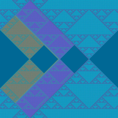 Rule 182 of the circular 1D cellular automata with layered rule generation, multiple colors, circular shaped points and starting initial points in the middle
