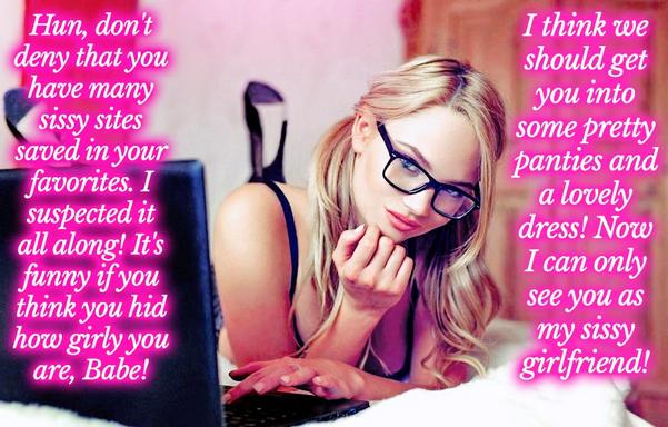 A blonde woman in glasses, her hair in pigtails, sits on a bed, playfully engaging with a laptop, surrounded by pink satin sheets. "Hun, don't deny that you have many sissy sites saved in your favorites. I suspected it all along! It's funny if you think you hid how girly you are, Babe! I think we should get you into some pretty panties and a lovely dress! Now I can only see you as my sissy girlfriend!"