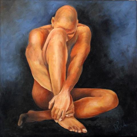image of an oil painting of a nude male on dark blue background