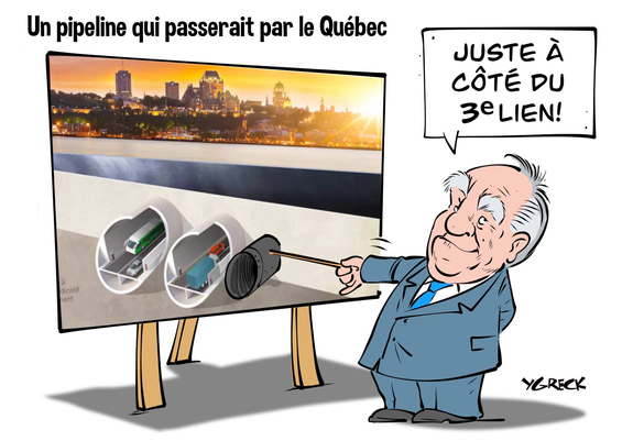 C'est une caricature de Ygreck à Québec. On y vois le premier ministre Legault pointé avec une baguette, comme un professeur, une image sur un tableau qui représente la ville de Québec et les projets de 3e lien additionés de celui d'un oléoduc #pipeline. Le titre "Un pipeline qui passerait à Québec" est accompagné d'une phrase du PM "juste à côté du 3e lien" (ce qui est une obsession de son gouvernement, la #CAQ, depuis des années malgré les études qui ne démontrent aucune utilité)