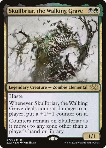 Card Name: Skullbriar, the Walking Grave
Set: Double Masters 2022
Description: Haste
Whenever Skullbriar deals combat damage to a player, put a +1/+1 counter on it.
Counters remain on Skullbriar as it moves to any zone other than a player's hand or library.
Artist: Nils Hamm