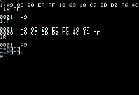 A screenshot of the scullinsteel.com Apple 1js emulator running my 16 byte program.