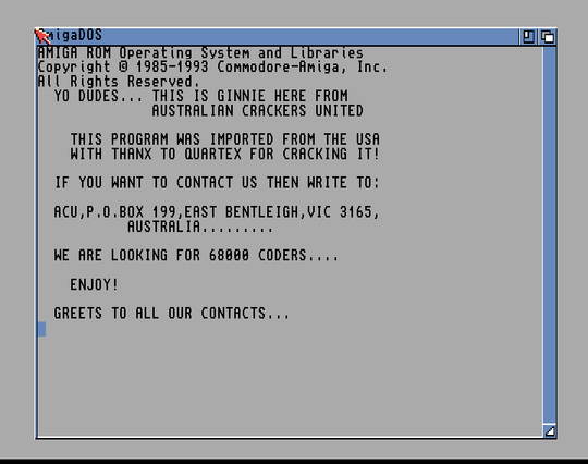 Screenshot of "Hybris" - Crack: Quartex (QTX) - Intro Hack: Australian Crackers United (ACU) - Published by Discovery on Commodore Amiga (1988)