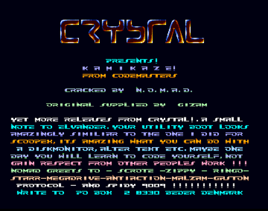 Screenshot of "Kamikaze" - Crack: Crystal (CSL) - Published by Codemasters on Commodore Amiga (1989)