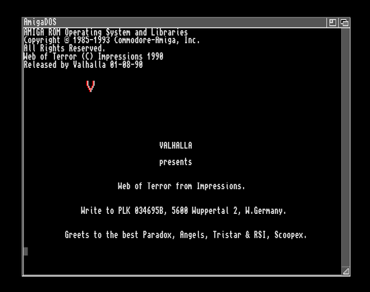 Screenshot of "Web of Terror" - Crack: Valhalla - Published by Impressions on Commodore Amiga (1990)