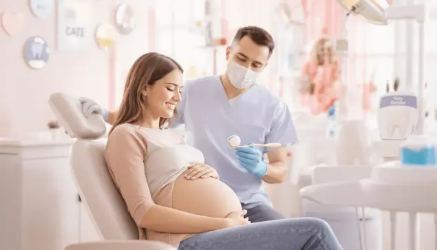 A smiling pregnant woman gently touching her belly in a bright dental clinic with a friendly dentist holding a dental mirror, surrounded by pastel colors and dental icons.