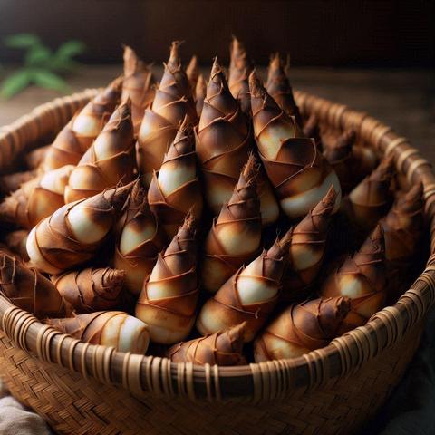 ②« Generated by MicrosoftCopilot »
Close-up, Medium Shot (Freshly picked bamboo shoots packed tightly into a hand-woven basket.) Freshly picked bamboo shoots are covered with an earthy brown skin, giving them a slight earthy hue. They are placed haphazardly in a simple basket woven from straw. The soft play of light highlights their texture and captures the simple beauty of this seasonal ingredient.