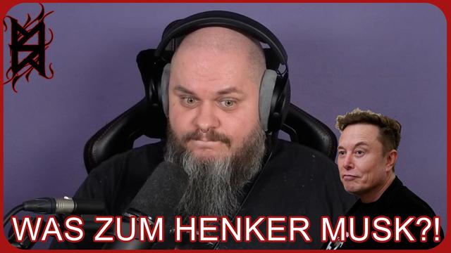 Spike mit Kopfhörern und einem Gesichtsausdruck zwischen Verzweiflung und ungläubigem Staunen vor lila Hintergrund. In der Ecke eine Binderune im Futhark, die den Namen ‚Spike‘ bildet. Rechts unten ein montierter Elon Musk mit skeptischem Gesichtsausdruck. Umrandet mit rotem Rahmen und der Aufschrift: ‚WAS ZUM HENKER MUSK?!