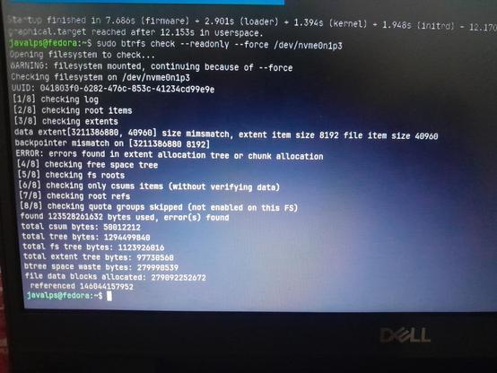 Running btrfs check on nvme0n1p3 partition
