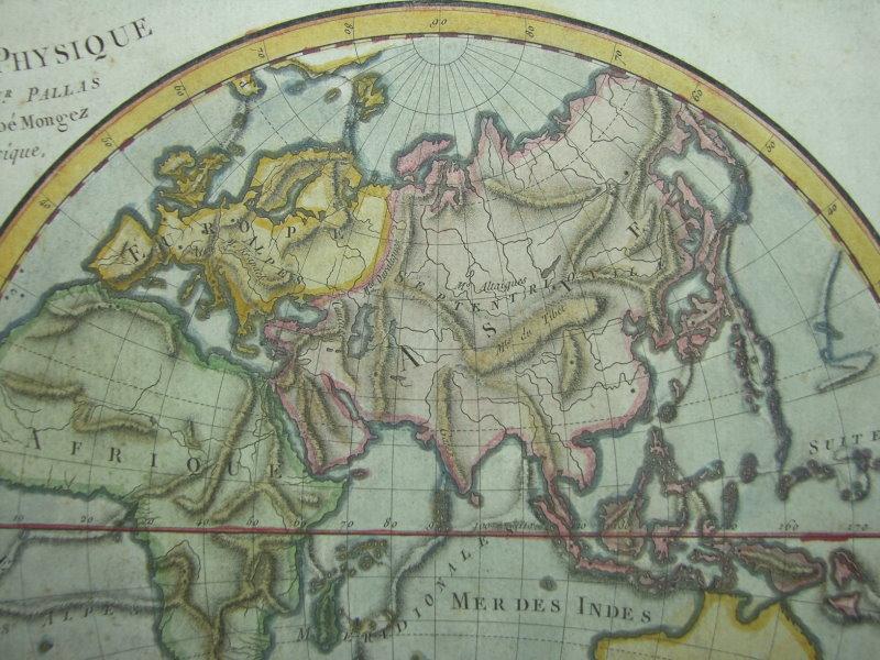 "Mappe-Monde Physique,&quot; by l'Abbé Mongez (Mentelle, Paris, 1779): *the whole map*: *northwest*; *northeast*; *southwest*; *southeast* Created by l’Abbé Mongez and published by Mentelle in Paris in 1779, the map features detailed depictions <br />of mountain ranges, river systems, and ocean currents, reflecting Enlightenment-era interests in natural science and exploration. The full map is a double-hemisphere projection showing the continents and oceans with topographical and hydrographical <br />features highlighted. l'Abbé Mongez (Mentelle, Paris, 1779) - http://www.columbia.edu/itc/mealac/pritchett/00maplinks/overview/asiaphysical/asiaphysical.html <br />https://commons.wikimedia.org/wiki/Category:Maps_of_Eurasia#/media/File:%22Mappe-Monde_Physique,%22_by_l'Abb%C3%A9_Mongez_(Mentelle,_Paris,_1779)_north_east.jpg