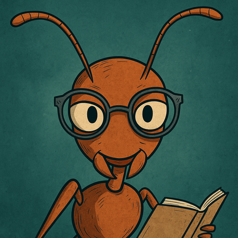Gezeichnete Comic-Ameise mit rötlich-braunem Chitin-Körper, großen Augen und runder schwarzer Brille. Sie hält ein aufgeschlagenes Buch in den Händen und schaut neugierig nach vorn. Der Hintergrund ist moosgrün, schlicht und strukturiert – der Fokus liegt ganz auf der lesenden Figur: Ajna, die blattschneidende Wächterin aus Fluss der Zeit.