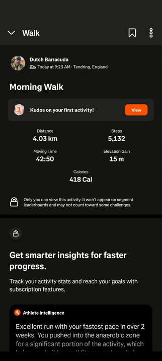 App screenshot of Strava showing details of a walk