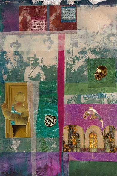 staande collage in onregelmatige vakken verdeeld in beige, groene en violette tinten, op de achtergrond een image transfer waarop cowboys te zien zijn, over het midden een strook violet vloeipapier, links een groen vlak met een goudgele deur met daarin een mollig kind dat de hand opsteekt, daaronder een paars vlak met silhouetten van bomen, rechts een groen vlakje met een gouden schedel, daaronder een violet vierkant met drie kerkramen en daarboven een soort vis

