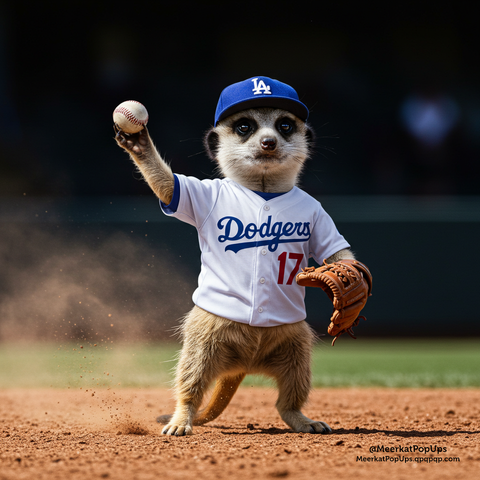 画像には、ロサンゼルス・ドジャースの野球のユニフォームを着たミーアキャットが写っています。ミーアキャットは青いキャップを被り、白いユニフォームには青い文字で「Dodgers」と書かれ、赤い数字の「17」が見えます。片方の手には野球のグローブをはめ、もう片方の手を上げて野球のボールを持っています。背景は野球場のようです。これはAI生成画像です。

The image shows a meerkat wearing a Los Angeles Dodgers baseball uniform. The meerkat is wearing a blue cap, and the white jersey has "Dodgers" written in blue letters and the red number "17" visible. It has a baseball glove on one paw and is holding a baseball in its raised other paw. The background appears to be a baseball field. This is an AI-generated image.
