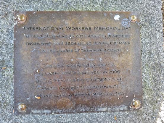 Picture of a plaque stating

International Workers' Memorial Day
is held each year on 28th April to remember
those who have been killed, injured or made
ill in the course of their employment.

This tree was planted and the
adjacent bench installed in 2006
by TUC Health & Safety Students at
Dundee College to commemorate
International Workers Memorial Day.