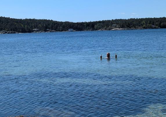 A man submerged in clear blue ocean water.
Only the head and hands are visible.