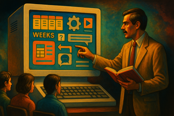 Illustration of a lecturer pointing at a retro computer screen displaying digital course icons, with students watching attentively, in a vintage 1980s sci-fi art style.