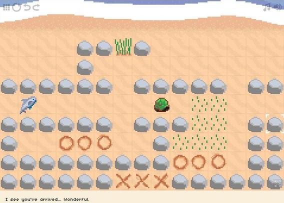 Depiction of a shoreline, with some circles and crosses sketched out on the sand. The sea is a at the top of the screen. Rocks dominate the scene, but there is also a fish and a turtle. Everything is laid out on a grid.