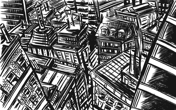 A sketch of a fictional cityscape done in a sketchbook. 