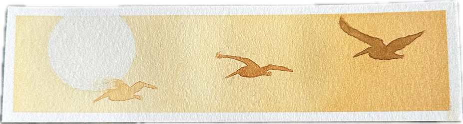 A horizontal bookmark watercolor with a yellow-orange background, a sun, and three pelican silhouettes flying towards the sun.