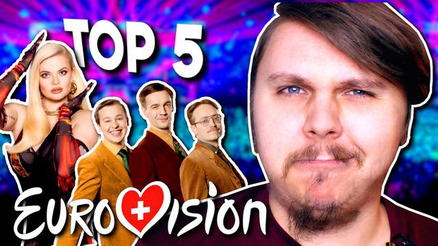 The video thumbnail. Against a blurred Eurovision 2025 stage background, I am right, wearing a red shirk and looking curiously towards the camera. Erika Vikman and KAJ are to the left, each posing for publicity photos. Behind them, the words 'TOP 5' and in front, the Switzerland-variant Eurovision logo.
